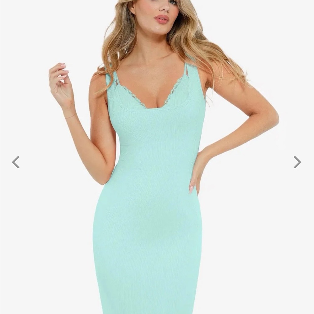 Popilush Shapewear Modal Sculpting Inner Lace Cami Dress in Light Cyan, NWOT